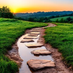 Obraz premium Serene Sunset Path Stone Steps Leading Through Lush Green Field Towards Scenic Hills