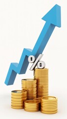 A blue arrow pointing up over a stack of gold coins.