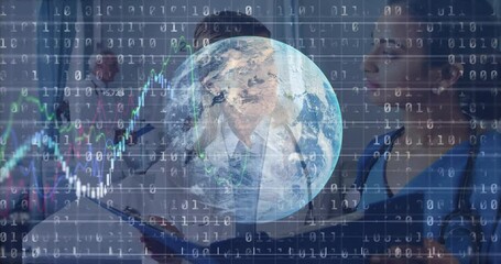 medical team reviewing files in conference room, with globe hologram, binary code and line charts - Powered by Adobe