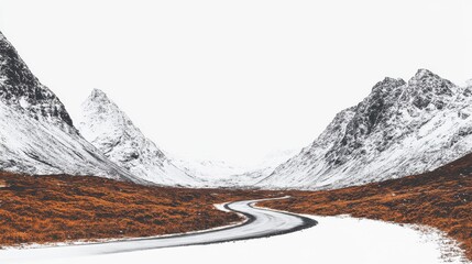 Serene Winter Landscape with Winding Road and Snow-Capped Mountains under Cloudy Sky