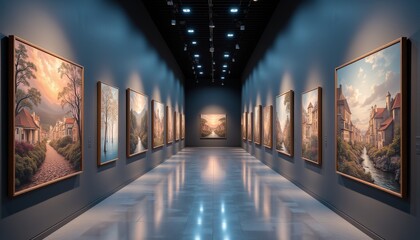 A long hallway with many paintings on the wall