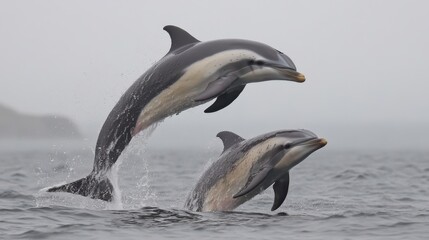 Fototapeta premium Dolphins Jumping Above Calm Ocean Water in Natural Habitat Under Cloudy Sky
