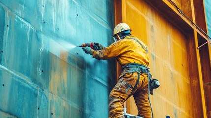 Industrial professional diligently preparing a metallic surface for repainting with precision