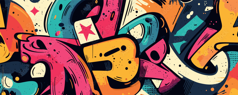 Poster colorful abstract graffiti art with bold shapes and dynamic patterns on urban wall.