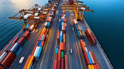 Naklejka premium Industrial logistics center beside calm ocean port, long rows of freight containers, roadways running between lanes, crisp lighting and deep shadows