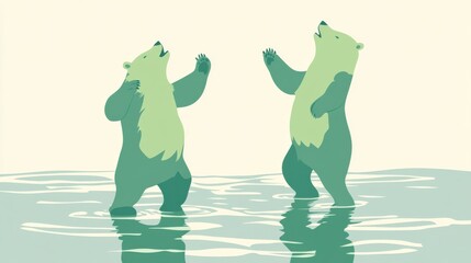 Two Playful Bears Dancing in the Shallow Water Under a Soft Pastel Sky