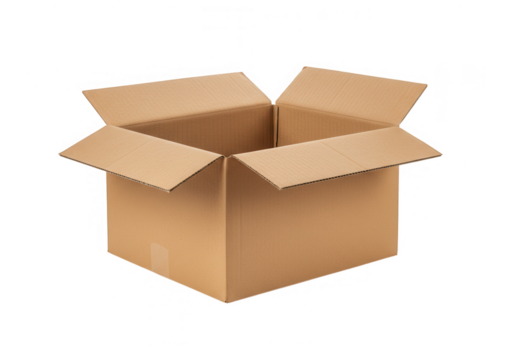 A corrugated cardboard box with flaps open isolated on transparent background