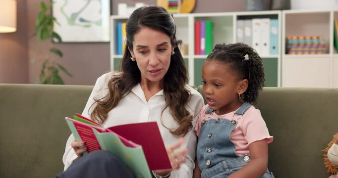 Reading, book and psychologist with kid in office for speech development, learning or medical analysis. Storytelling, fantasy and pediatric therapist with girl patient for bibliotherapy at clinic.