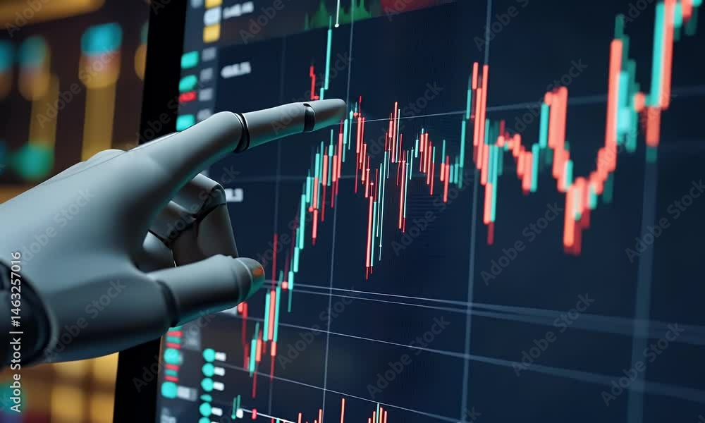 Poster a robotic hand is pointing at the screen with stock market charts, in a high-tech style, digital art