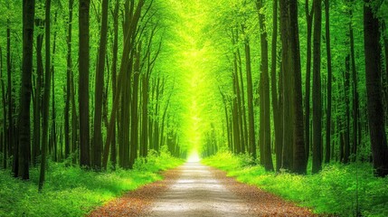 Serene Forest Pathway Illuminated by Sunlight Through Lush Green Trees and Foliage