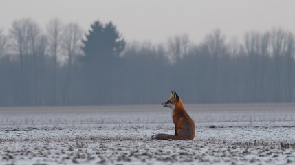 Majestic Red Fox Sitting in a Snowy Field with Forest Background in Winter Landscape