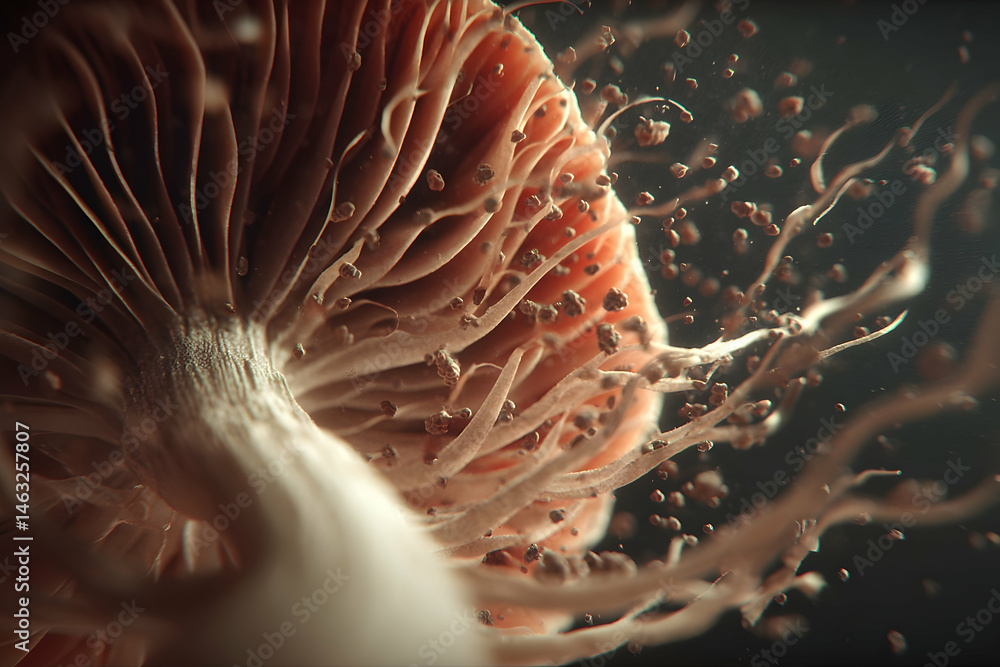 Aufkleber close-up view of a mushroom's intricate inner structure.