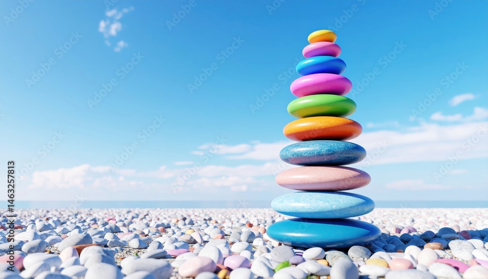 Poster a colorful stack of smooth stones is balanced on a beach, under a clear blue sky, creating a serene 