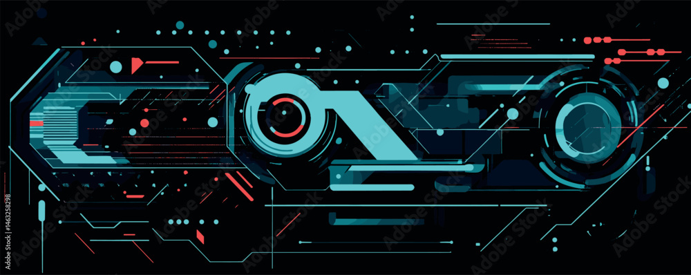 Poster futuristic digital interface with neon lights and circuits in dark background.