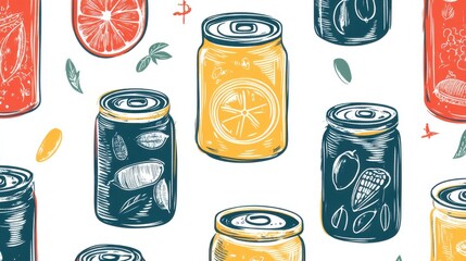 Colorful Hand-Drawn Cans with Fruits and Nuts on Bright Background for Fresh Design Elements