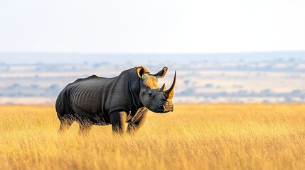 Majestic Rhinoceros Standing in Golden Grasslands of African Savanna Landscape