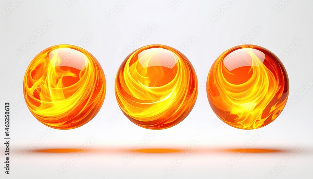 Poster three glossy spheres with swirling orange and yellow patterns, resembling flames, create a vibrant a