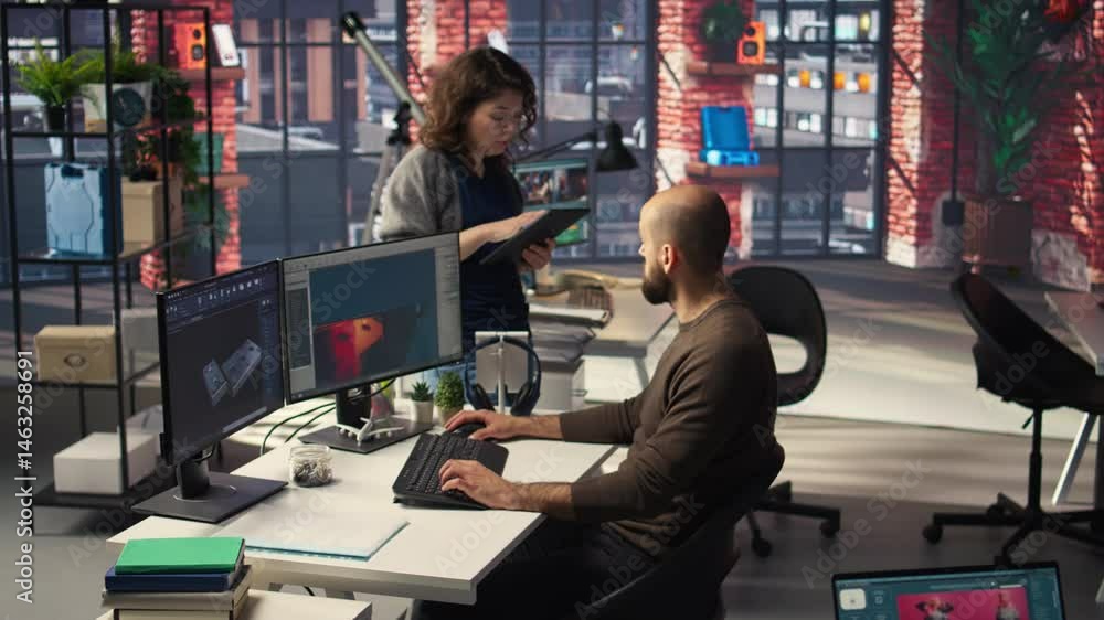Fototapete Game developer creates Mars based virtual station using AI tools. Futuristic program processes data with deep learning and automation to optimize game design and development. Camera A.