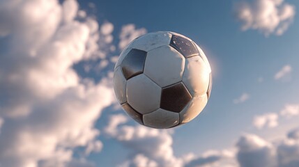 Soccer ball mid-air on simple cloudy sky background
