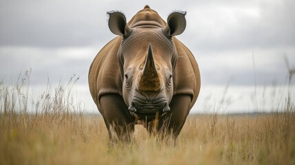 Majestic Rhinoceros Stands Proudly in Tall Grass Under Dramatic Gray Sky