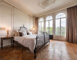 Elegant Parisian bedroom with herringbone wooden flooring, high ceilings with molding, wrought iron bedframe, and tall French windows with flowing curtains