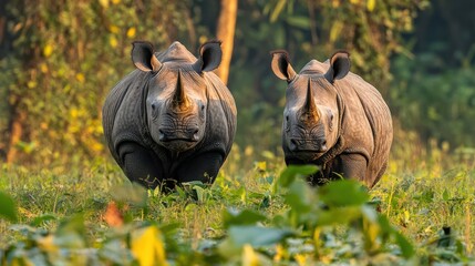 Two Indian Rhinos in Lush Green Habitat at Sunrise Captured in Natural Setting in India