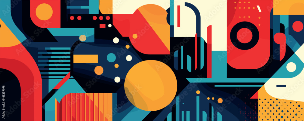 Poster colorful geometric abstract art with bold shapes and dynamic patterns in blue and red.