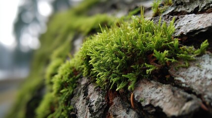 Soft moss on a tree bark, neutral background