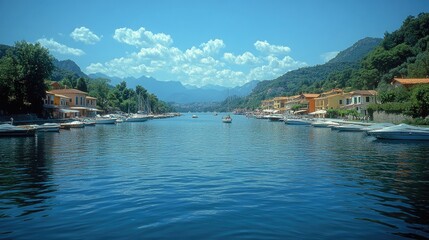 Fototapeta premium Picturesque lake village, boats, and mountains