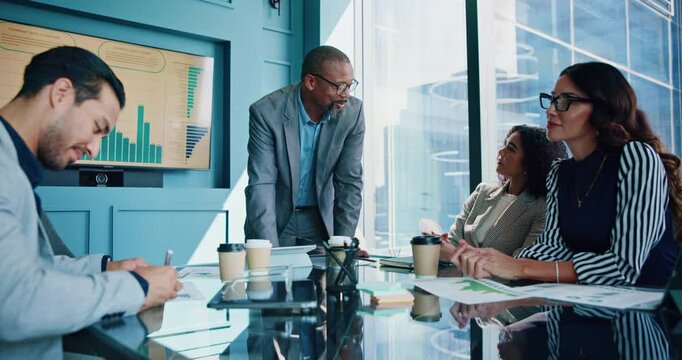 Business, people or screen in office for presentation, productivity report or feedback chart. Mature speaker, staff or workshop in boardroom for company growth, profit returns review or funding pitch