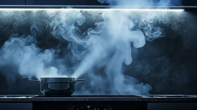 Steam rising from a pot on a modern stovetop in a sleek kitchen with a dark, textured backsplash