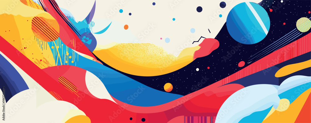 Poster vivid abstract space scene with colorful planets and celestial elements.