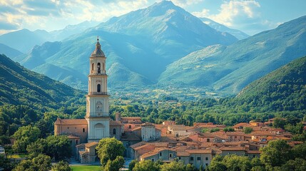 Fototapeta premium Picturesque village nestled in a valley, with mountains in the background. Ancient architecture blends with lush greenery. A bell tower stands tall