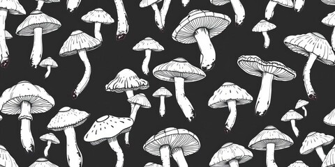 Seamless vector pattern of hand-drawn black and white mushrooms, sketch, doodle
