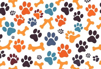 Fototapeta premium Seamless vector pattern of dog, cat paws, and bones on white background, background, seamless pattern