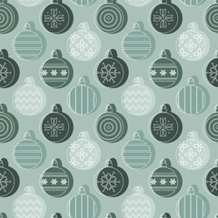 Christmas Abstract Background. Christmas Balls Ornaments Pattern. Seamless Colorful Geometric Print with Christmas Ornament. Silhouettes. Trendy Flat Style Bg. Vector in Green, White