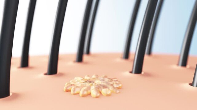 The scalp is oily and the hair follicles secrete too much sebum, which leads to hair loss. The pores are filled with sebum around the hair follicles, and the scalp becomes greasy.3d animation.