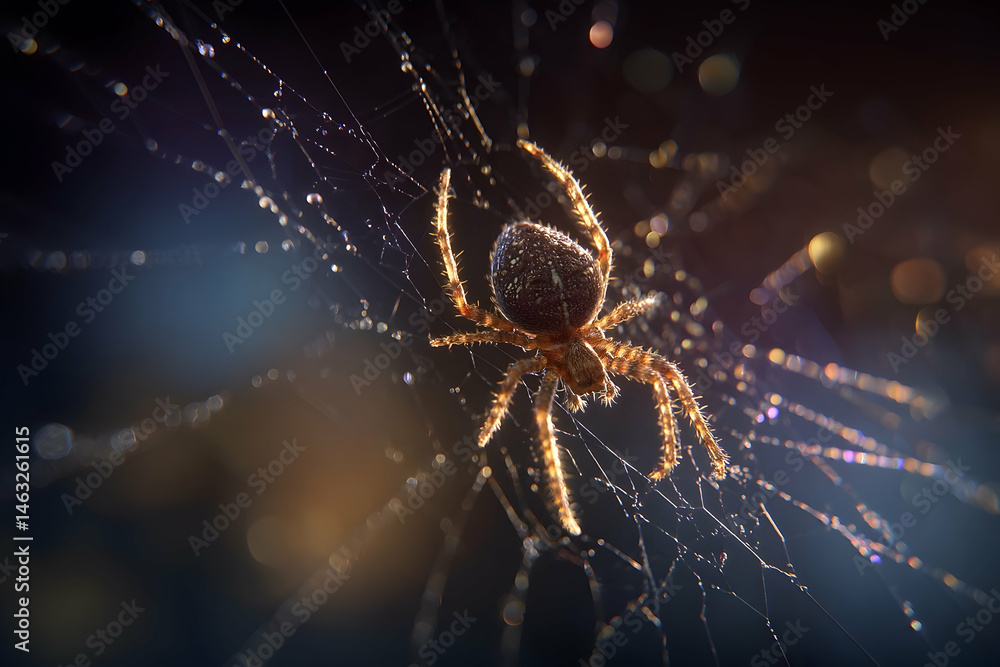 Poster close-up view of a spider centered in a delicate web.