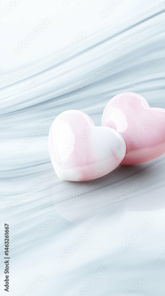 Poster two glossy heart-shaped objects in soft pink and white hues are placed on a smooth, flowing backgrou