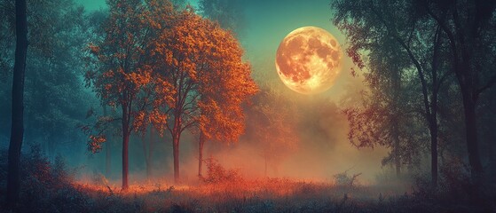 Mystical Autumn Forest at Moonlight