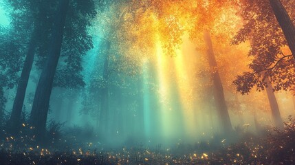 Mystical autumnal forest bathed in vibrant light
