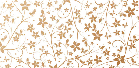Seamless pattern with decorative flowers and butterflies golden colors isolated white backgrounds for Elegant luxury textured wallpapers, backgrounds and page fill, Fashionable modern textile material