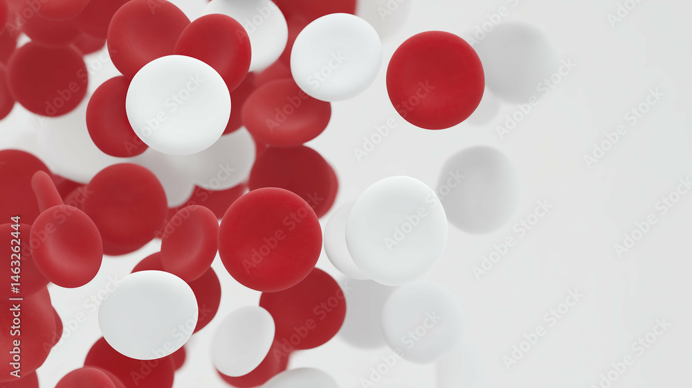 Poster abstract illustration of floating red and white spheres on a soft gradient background, creating a dy