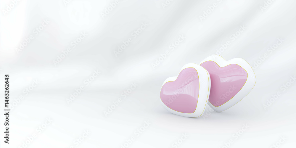 Poster two glossy pink heart-shaped objects are placed on a soft white surface, creating a romantic and ser