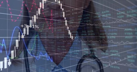 female doctor wearing white coat and stethoscope viewing candlesticks with trend lines in finance - Powered by Adobe