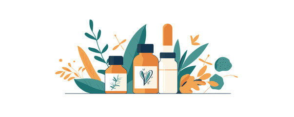 Essential oil bottles with leafy background - natural aromatherapy products on white background.