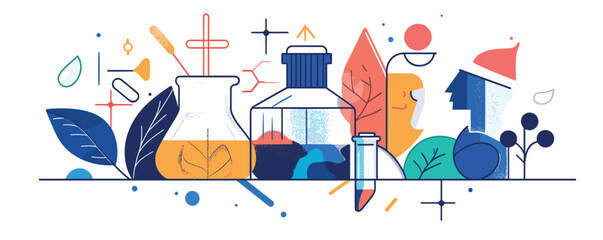 Colorful abstract science illustration with plants, flasks, and human profiles.