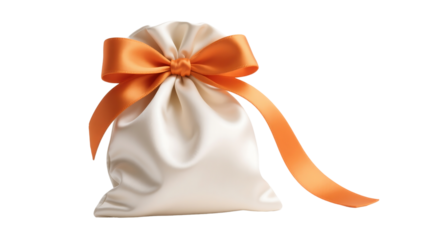 White Satin Gift Bag with Orange Ribbon Bow