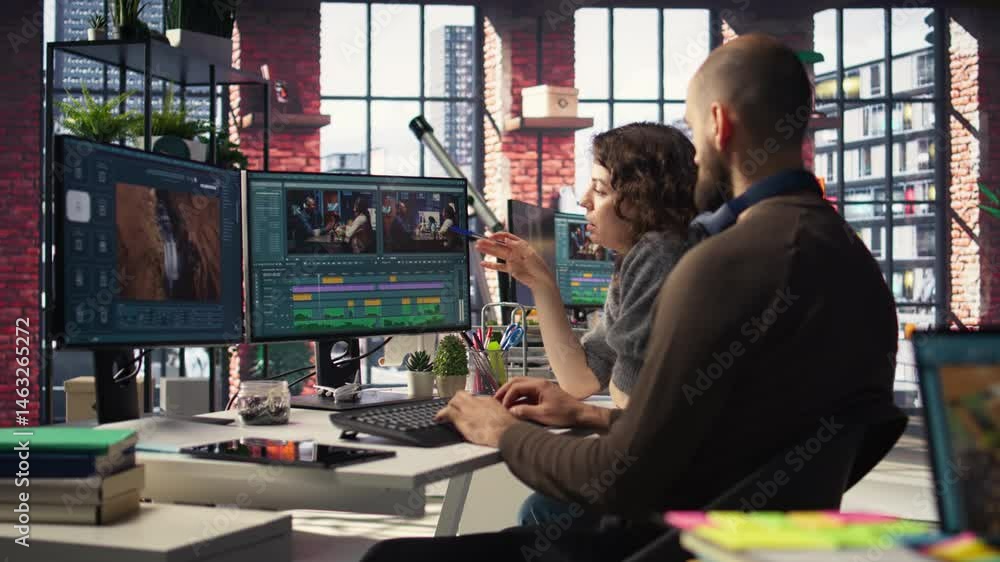 Poster man and woman filmmakers editing video shoot in post production, using modern tech setup and editing