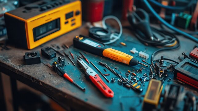 Close-up workbench showcasing electronics and repair tools emphasizing precision and technical detail